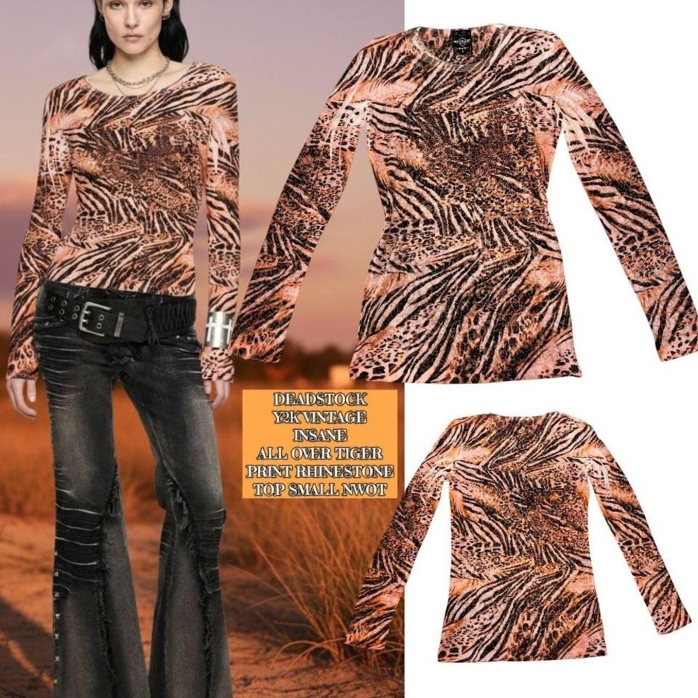 🐅‎ deadstock Sledge USA Y2K Tiger Print Rhinestone Bling Top Small NWOT